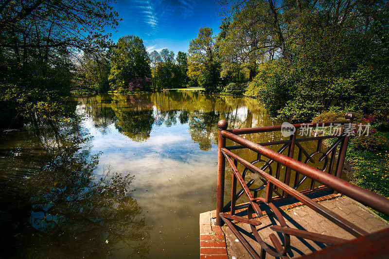 Pszczyna -池塘在宫殿公园综合体。
